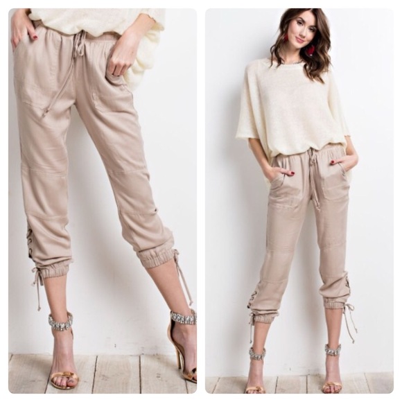 Pants - Natural lace up twill joggers